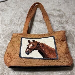Quilted Needlepoint Horse Embroidered Tote Bag - Brown